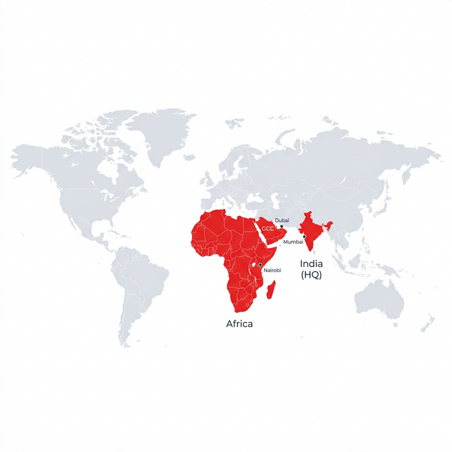 Rotania global presence map showing operations in India, GCC, and Africa